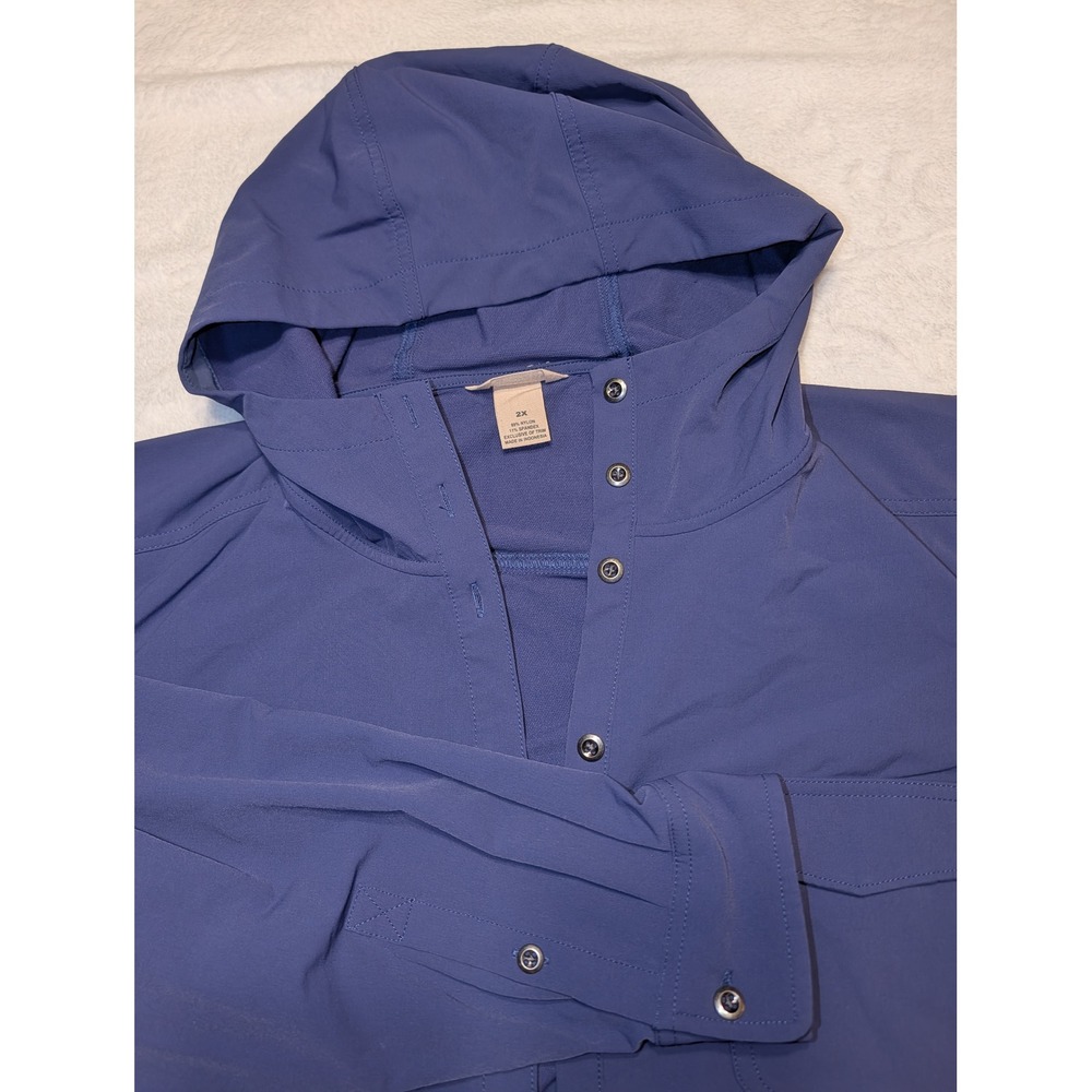 Duluth Trading Co Womens 2X Blue Hooded Pullover Stretch Button Shirt Utility